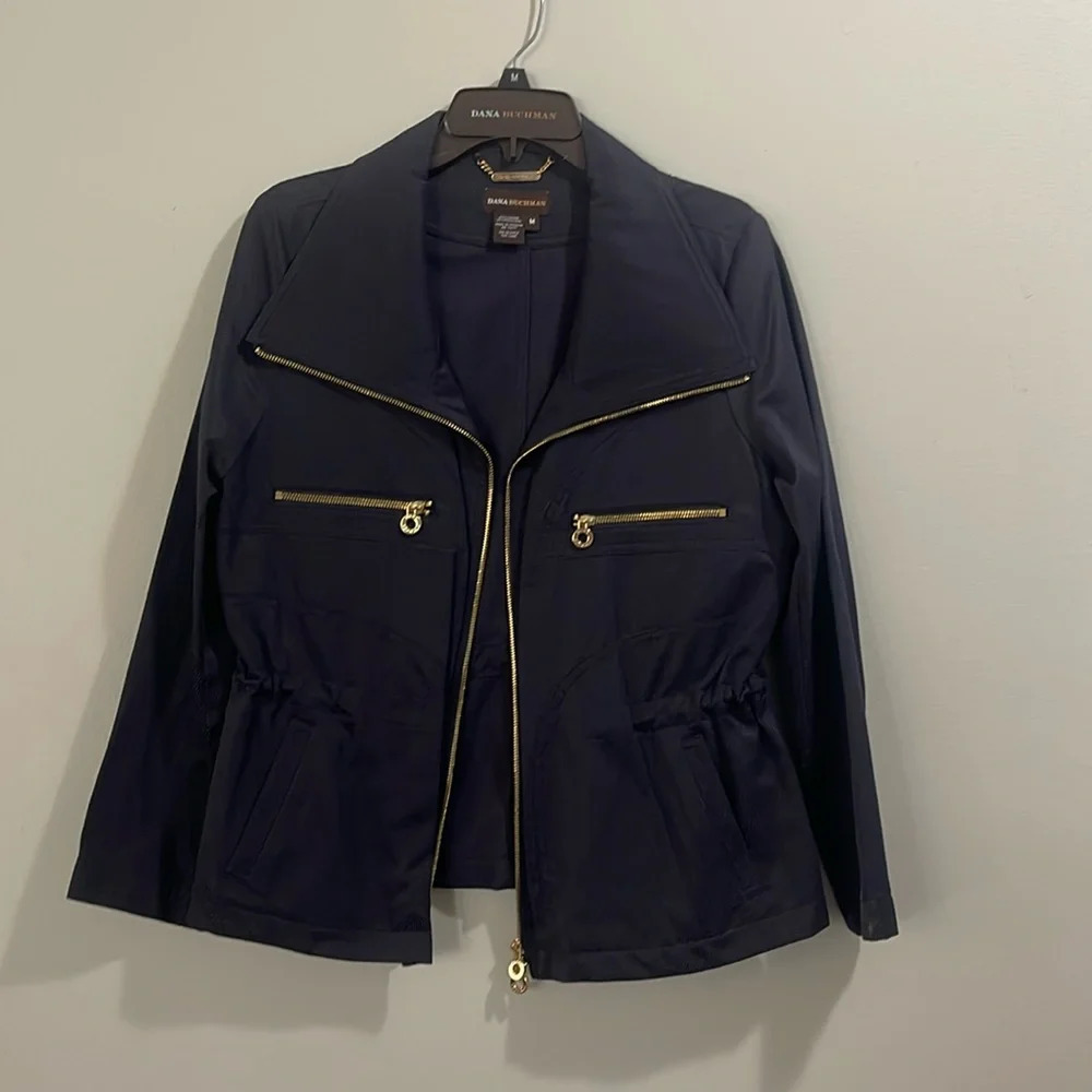 Dana Buchman Navy Cinch Waist Lightweight Jacket Gold Brass Detail Coat